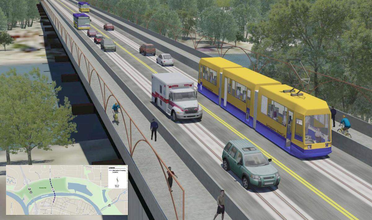 A rendering from a 2013 city of Sacramento report on an American River bridge at Truxel Road shows a multimodal bridge with cars and light rail sharing travel lanes, and pedestrians and bikes sharing barrier-protected lanes on either side. 