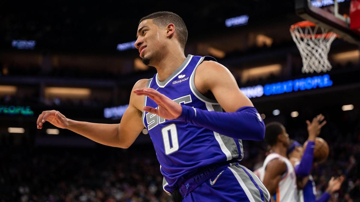 Sacramento Kings guard Tyrese Haliburton (0) turns to head back downcourt after scoring against Oklahoma City Thunder during the second period of the NBA basketball game Saturday, Feb. 5, 2022, at Golden 1 Center in Sacramento.