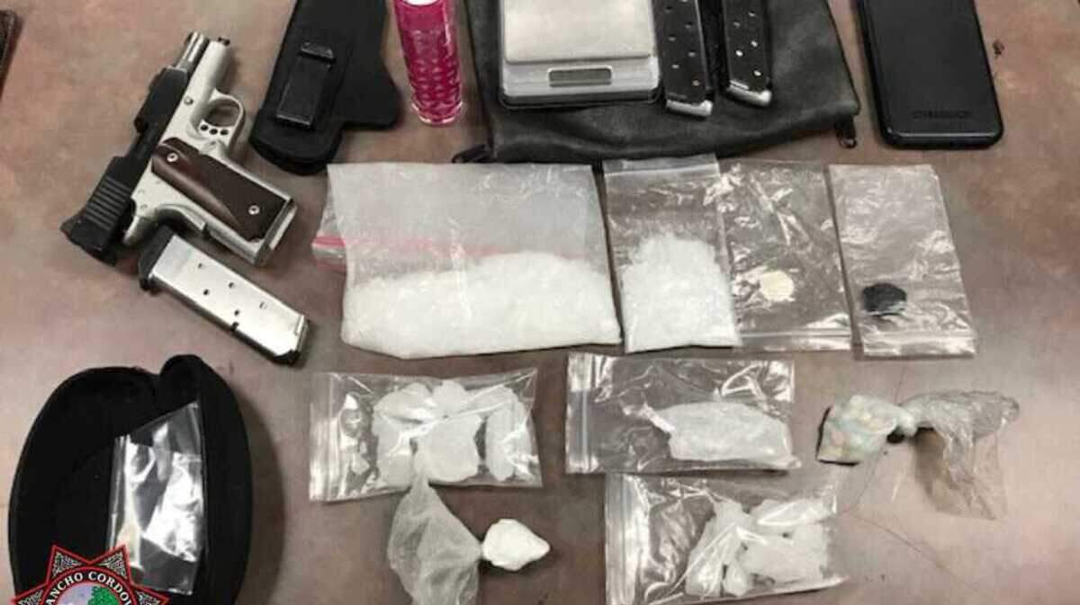 A vehicle crash on Monday July 13, 2020, near Folsom Boulevard and Mercantile Drive in Rancho Cordova, California led police to find methamphetamine, cocaine, heroin, ecstasy pills and a loaded handgun.