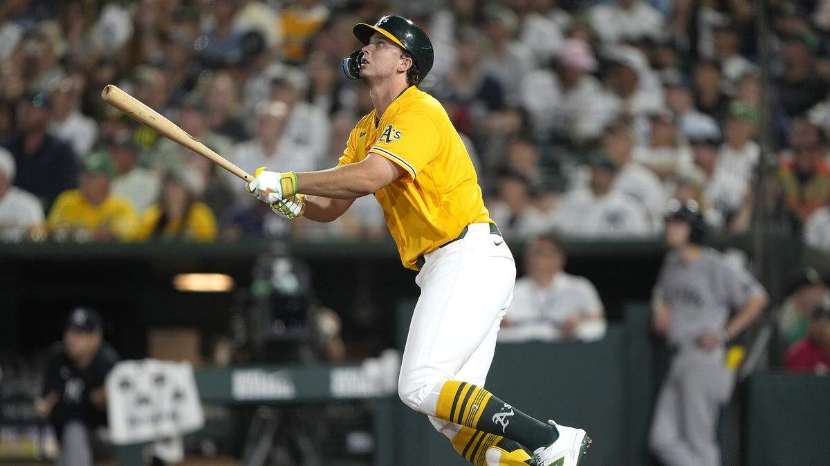 SACRAMENTO, CALIFORNIA - MAY 30: Nick Kurtz #16 of the Athletics hits a two-run home run against the New York Yankees in the bottom of the seventh inning at Sutter Health Park on May 30, 2026 in Sacramento, California. (Photo by Thearon W. Henderson/Getty Images)