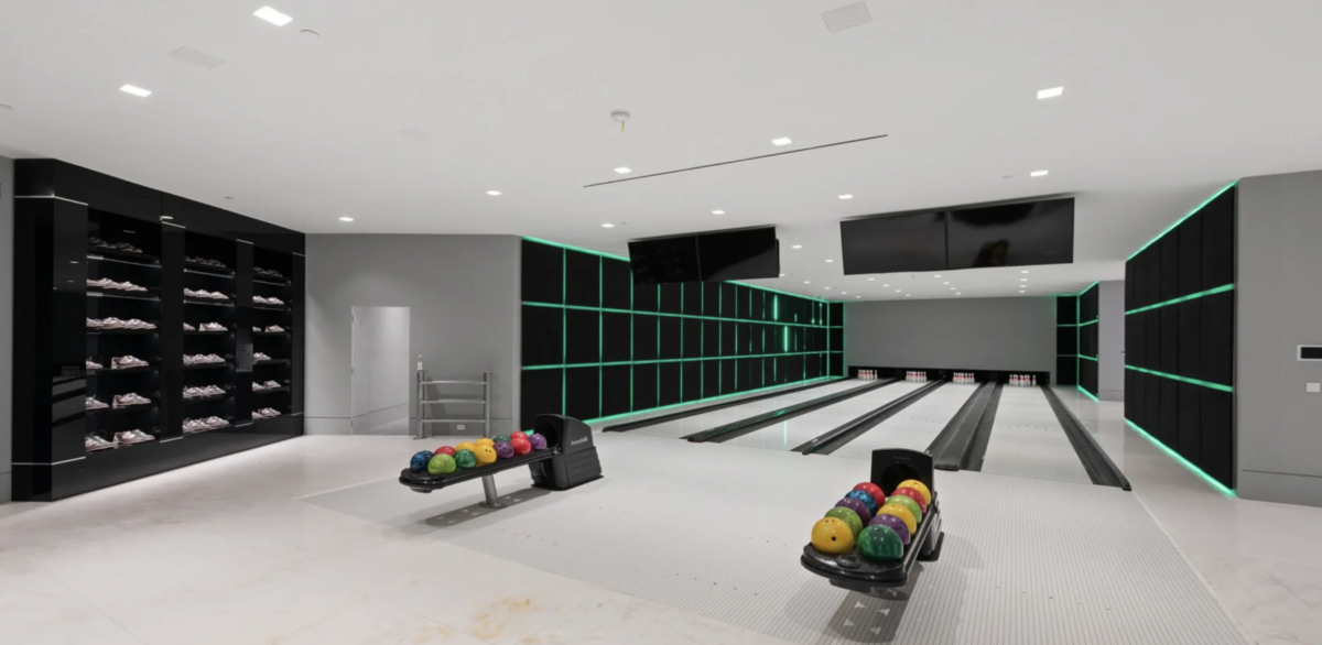 The home has a four-lane bowling alley.