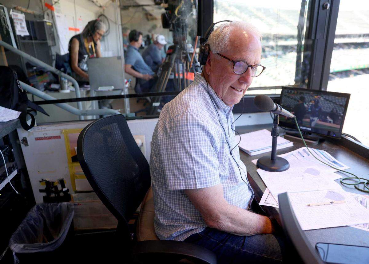 Athletics play-by-play radio announcer Ken Korach is seen in the radio booth for a September A’s game at the Oakland Coliseum. Johnny Doskow will join Korach for play calling as the A’s begin play in West Sacramento for three seasons.