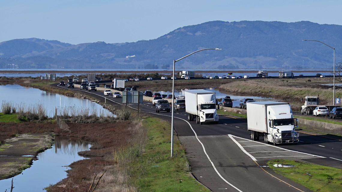 Highway 37 near Mare Island in Vallejo, shown in December 2024. The $500 million expansion plan before the governor does not address sea level rise, despite earlier Caltrans documents warning the road would flood during average high tides with two feet of sea level rise.