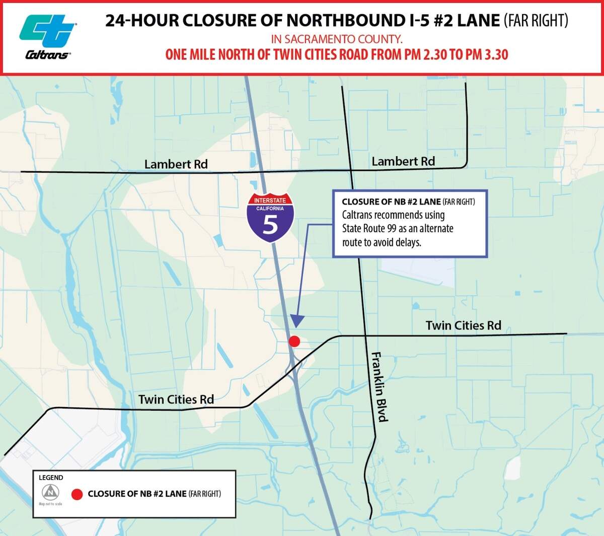 Part of northbound Interstate 5 will be close one mile north of Twin Cities Road in Sacramento County from 9 p.m. Friday, July 25, to 9 p.m. Saturday, July 26, the California Department of Transportation said.