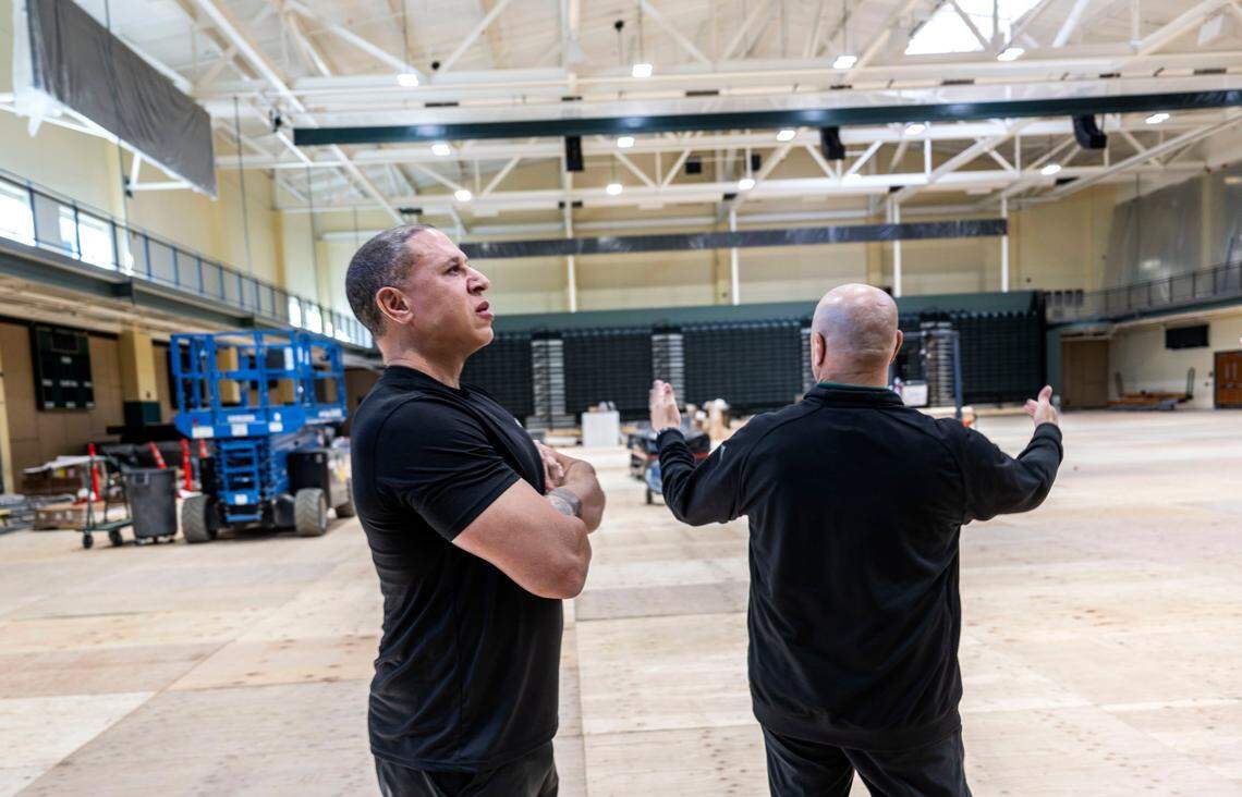 Sacramento State men’s basketball coach Mike Bibby tours the progress of The Well’s re-design on Friday, May 9, 2025. The Well will feature two large screens and retractable seating that will quadruple the capacity from the current venue, according to athletic director Mark Orr.  