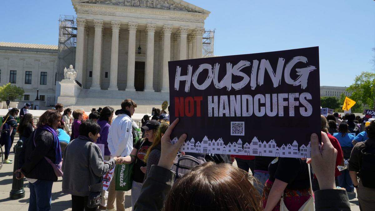 The U.S. Supreme Court hears arguments in Grants Pass vs. Johnson, a case that involves whether local governments can ticket the unhoused or if that is cruel and unusual punishment, on April 23, 2024.
