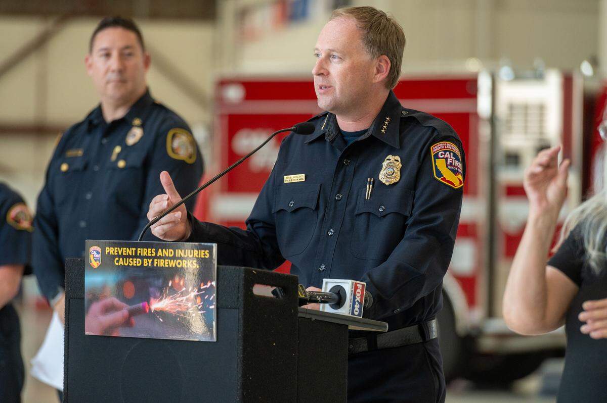 California State Fire Marshal Daniel Berlant speaks about illegal fireworks during a news conference at McClellan Park in 2024.
