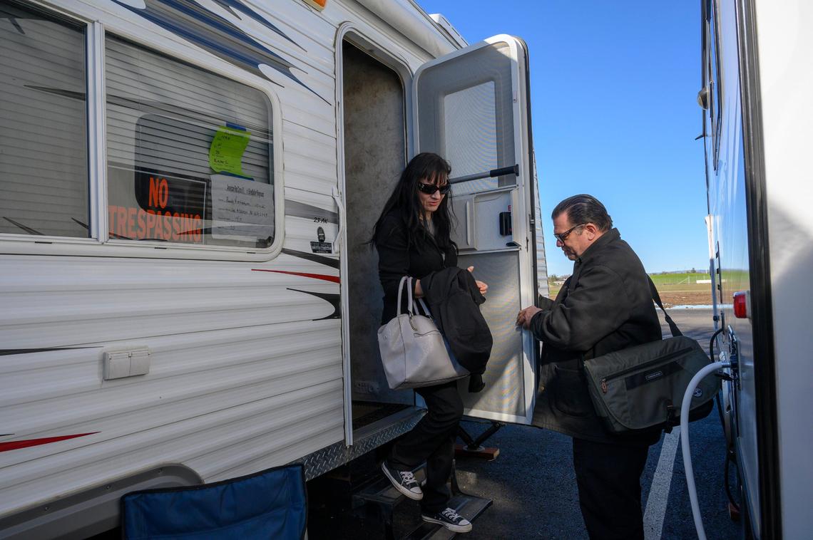 Camp Fire victims Randy Viehmeyer and Lisa Butcher depart their borrowed trailer at the Silver Dollar Fairgrounds run by the American Red Cross on Thursday, Jan. 24, 2019 in Chico. Previously they were at the American Red Cross shelter in Gridley, where they say they were being treated like the homeless people let in there. “It’s bad enough that Camp Fire victims lost everything but now they are getting preyed upon by transients and criminals,” said Viehmeyer as he recounted thefts of medicine and phones.