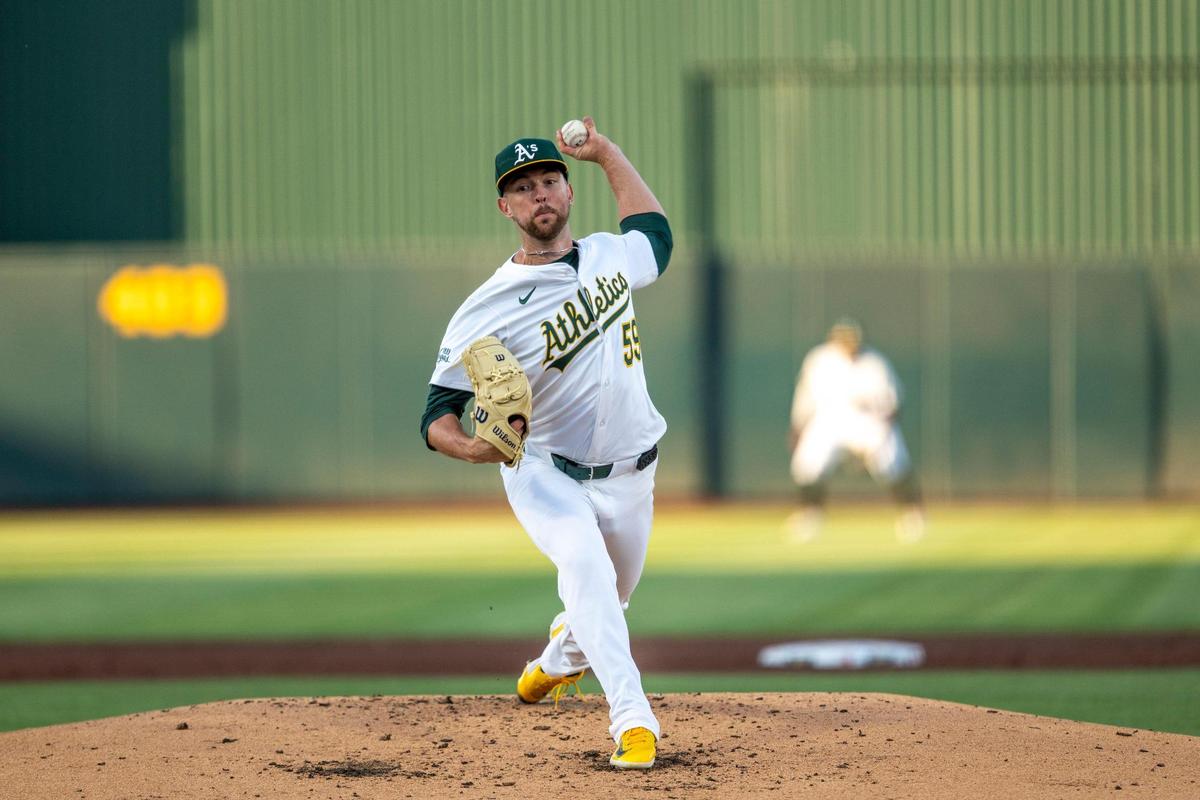Athletics pitcher Jeffrey Springs (59) throws a pitch during a baseball game against the Cleveland Guardians at Sutter Health Park on Friday.