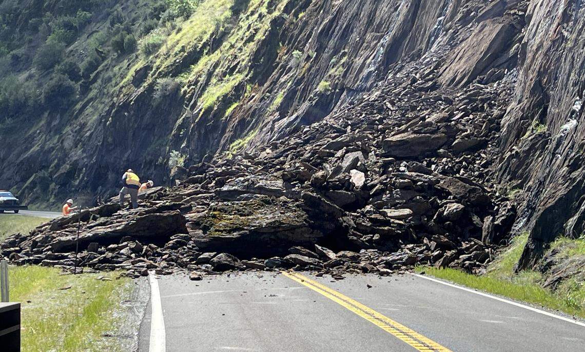 A debris slide closed Highway 140 in both directions near the entrance to Yosemite National Park on Monday, March 17, 2025.