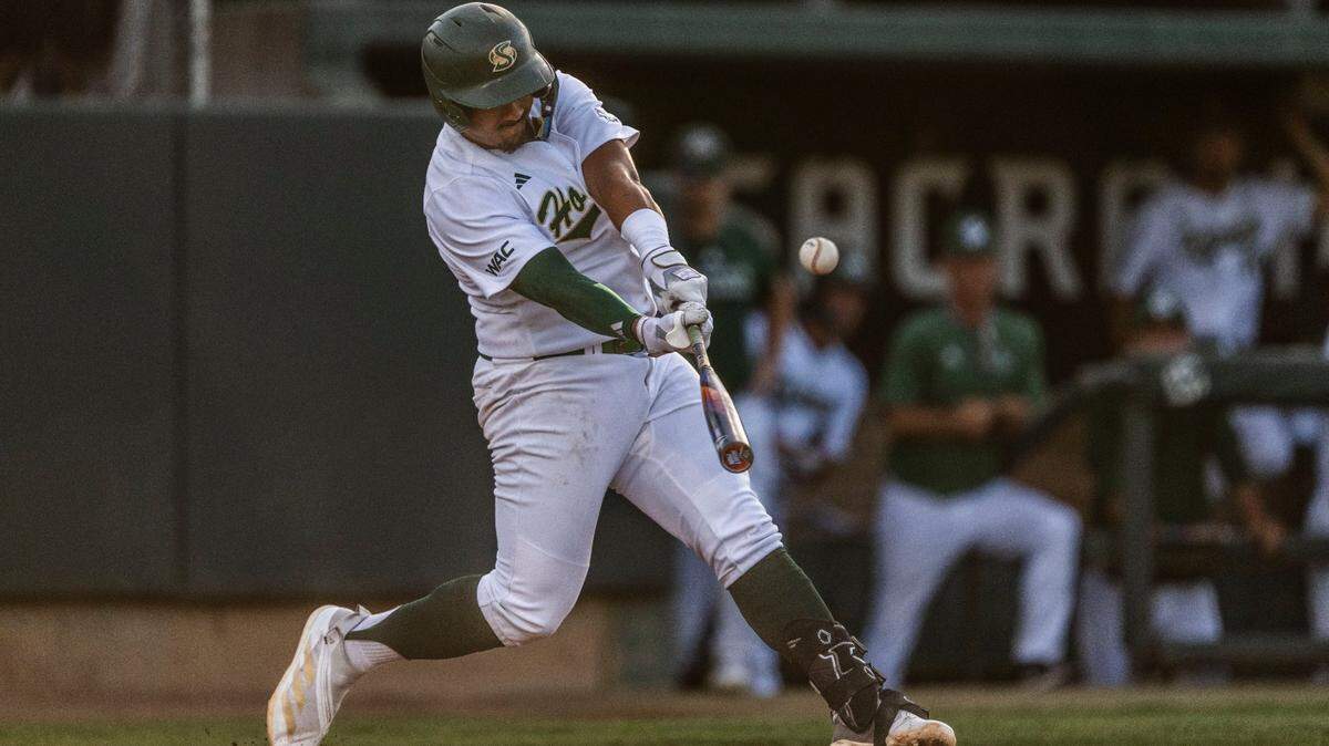 Sacramento State first baseman JP Smith (5) hits a three-run homer in the third inning during an NCAA baseball game against against Utah Tech in May. Smith was picked by the Minnesota Twins in the draft.