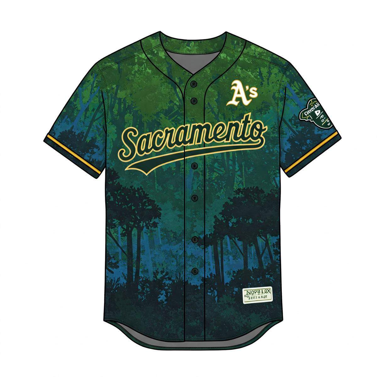 The A’s do not have a a City Connect uniform because the team is not officially connected to a city, even though it is current playing in West Sacramento. What would a uniform with a trees theme look like? This is an AI-generated image.