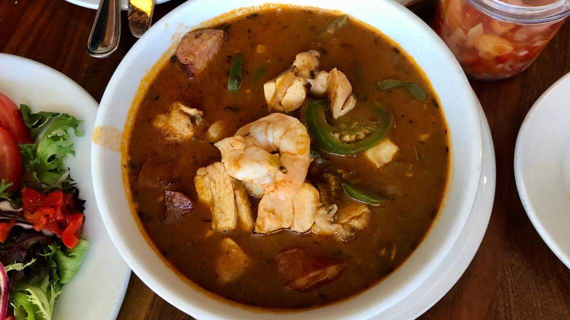 Celestin’s Restaurant’s gumbo includes chicken, kielbasa sausage, shrimp, scallop and Pacific snapper.