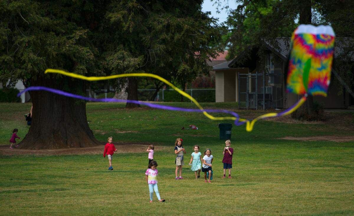Ty Ingle brings down his kite as children play in 2015 on a windy day at East Portal Park in East Sacramento.