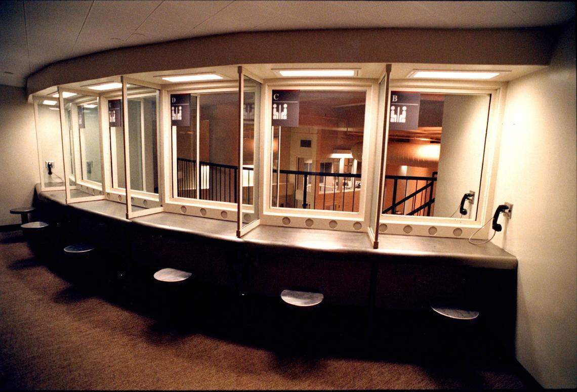 The visiting area, which will use hard plexiglass windows to separate inmates, awaits inmates during a media tour of the new Sacramento County Main Jail on Jan. 10, 1989, ahead of a planned April 1 opening.