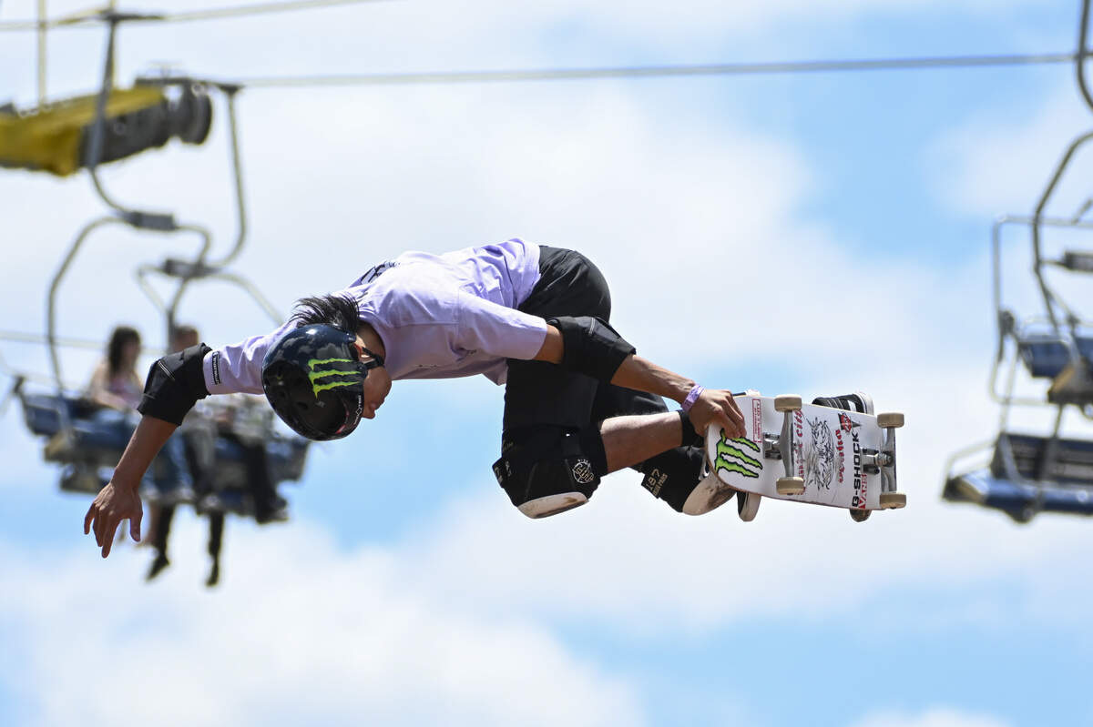Moto Shibata of Japan competes for XC Tokyo in the MoonPay Men’s Skateboard Vert Best Trick event at the MoonPay X Games at Cal Expo in Sacramento on Saturday, June 27.