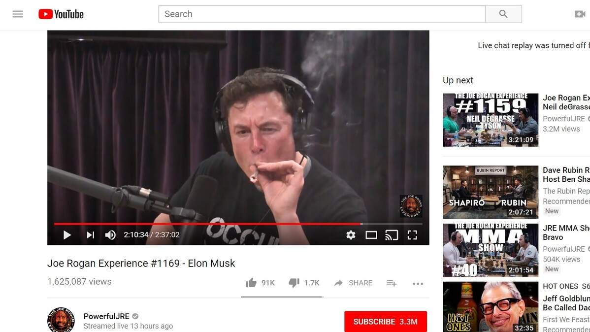 Elon Musk takes a drag on what appears to be a marijuana cigarette while sitting down for an interview on “The Joe Rogan Experience” podcast in 2018.