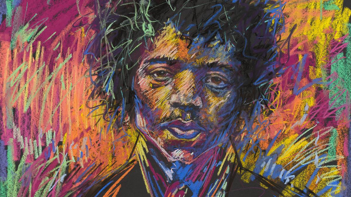 Carol Hodgson’s pastel portrait of Jimi Hendrix, titled “Taken Too Young.”