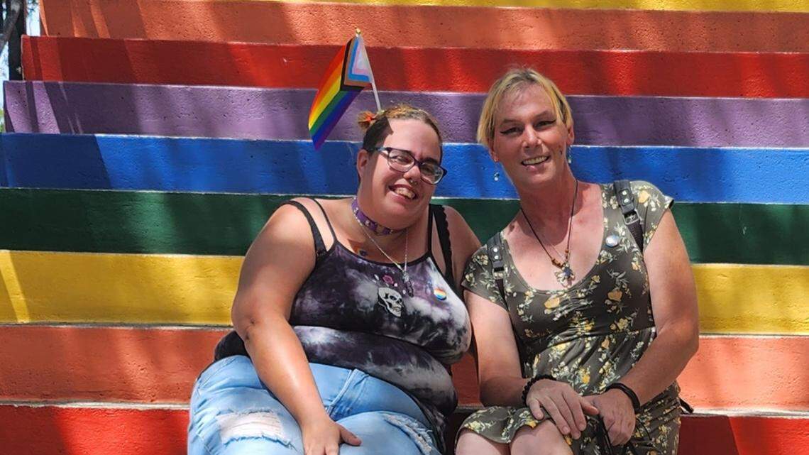 Niccole Scheib, 35, left, and Alice McGuire, 37, right, pose for this undated photograph. They plan to move from Florida to California this summer to escape the anti-LGBTQ policies in effect under Gov. Ron DeSantis. McGuire is a transgender woman.