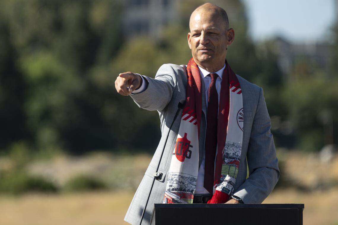 Sacramento Mayor Kevin McCarty points during a groundbreaking for Republic FC’s new stadium in the Railyards in Sacramento on Aug. 18.