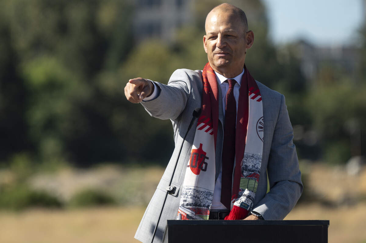 Sacramento Mayor Kevin McCarty points during a groundbreaking for Republic FC’s new stadium in the Railyards in Sacramento on Aug. 18.