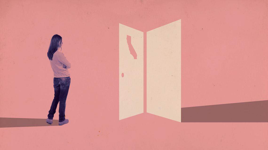 Illustration shows woman considering entering a door that symbolizes abortion access