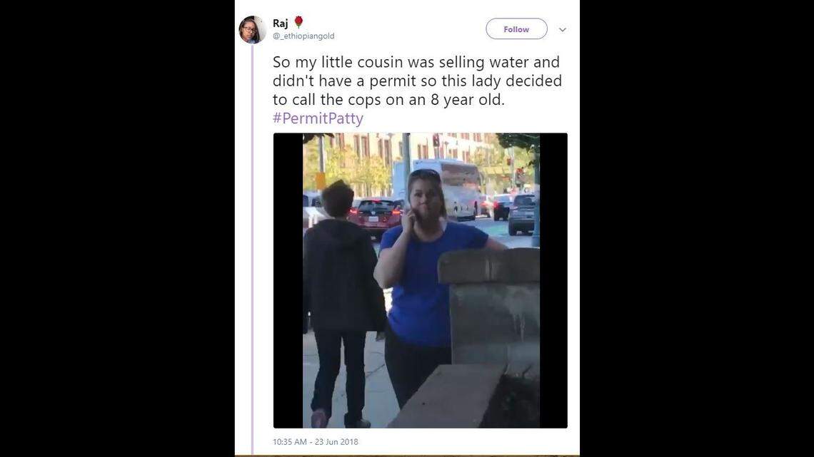 A woman dubbed #PermitPatty caught on video Saturday appearing to call police on an 8-year-old girl selling water in San Francisco, California, blamed work stress for the incident and says she only pretended to call 911.