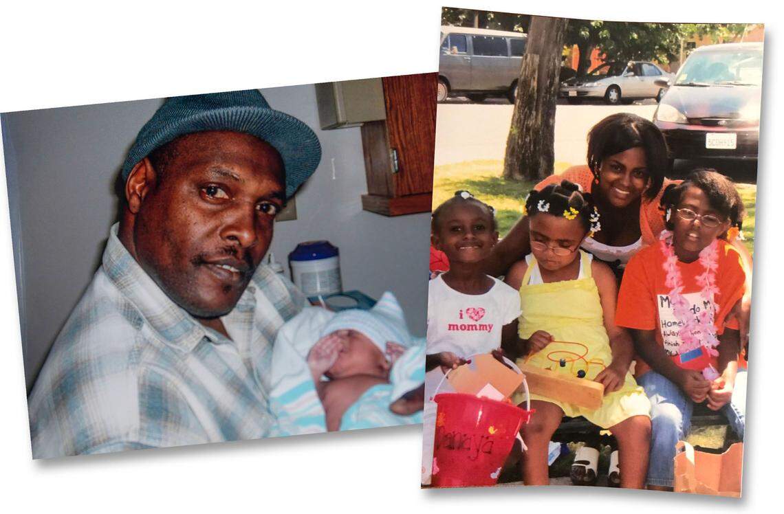 At left, Quinton Watts holds his daugther Daisha as a newborn. At right, Colene Robinson, who married Watts in 2002, poses with the couple’s three children.
