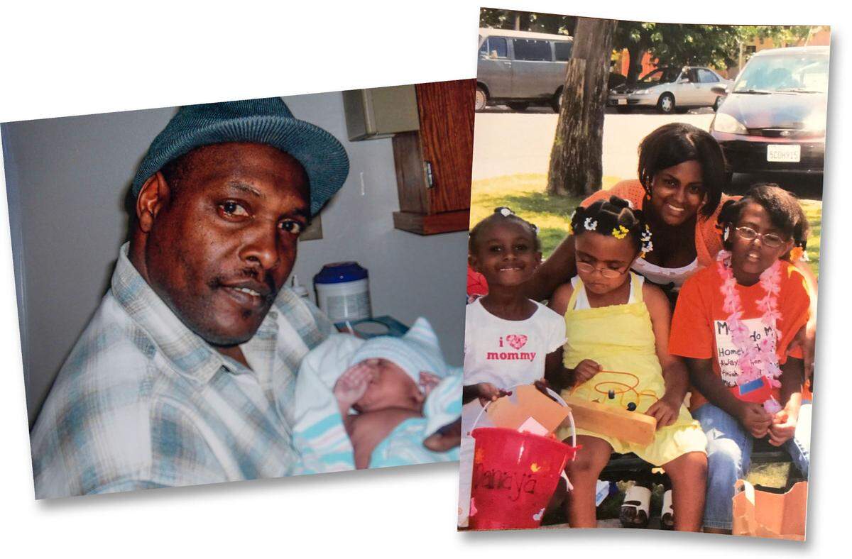 At left, Quinton Watts holds his daugther Daisha as a newborn. At right, Colene Robinson, who married Watts in 2002, poses with the couple’s three children.