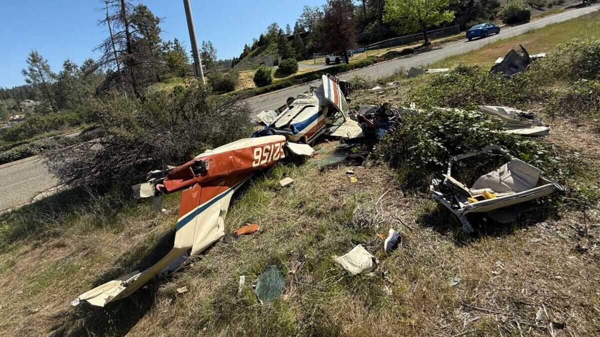 Wreckage from the crash of a 1977 Cessna 177 Cardinal RG in Grass Valley is photographed on May 1, 2025. Federal investigators say a loose B-nut fitting on a fuel line likely caused the crash that killed pilot Richard Lund, 64, of Newcastle.