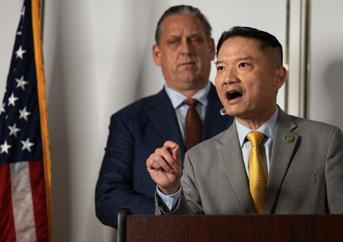 Assemblymember Tri Ta, R-Westminster, joined at the podium by state Sen. Tony Strickland, R-Huntington Beach, speaks during 2025 news conference at the California Republican Party headquarters in Sacramento. Ta authored Assembly Bill 2193, which would require manufacturers of certain autonomous vehicles to be cited for moving violations committed when autonomous technology is engaged.