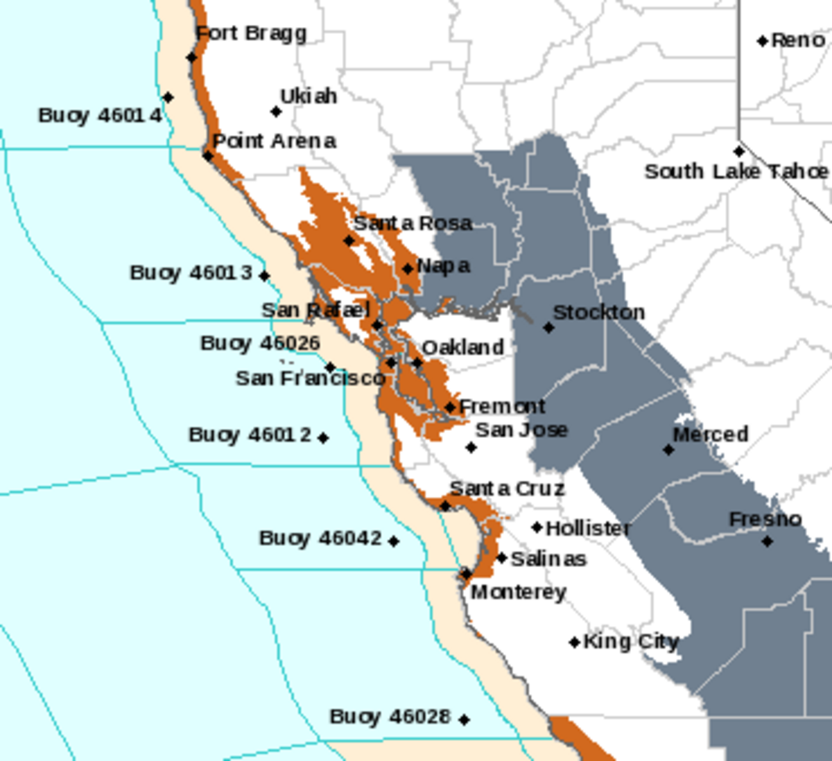 A tsunami advisory, shown in orange, is in effect for much of the San Francisco Bay Area.