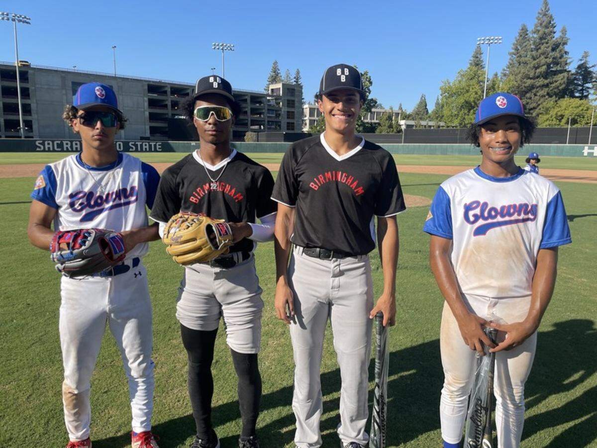 Two players from each were named MVP during the fourth annual honorary Negro League game on Sunday, Sept. 22. Pictured from left to right: junior Jason Harris (Franklin), senior Nikko Taylor (De Anza), senior Quinten Marsh (Valley Christian) and sophomore Dominic Brazelton (McClatchy).
