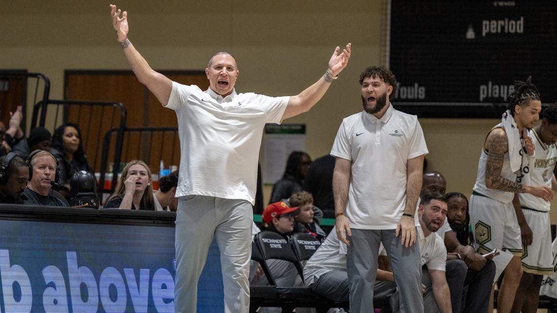 Mike Bibby, head coach of the Sacramento State Hornets, reacts during the first half against the Northern Arizona Lumberjacks on Thursday, Jan. 15, in Sacramento.