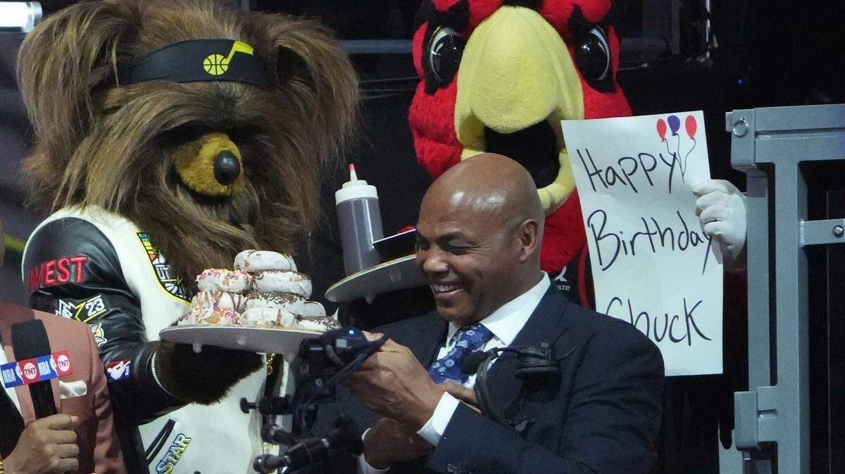 Charles Barkley is presented with a plate of doughnuts during the 2023 NBA All-Star Game at Vivint Arena in February in Salt Lake City.