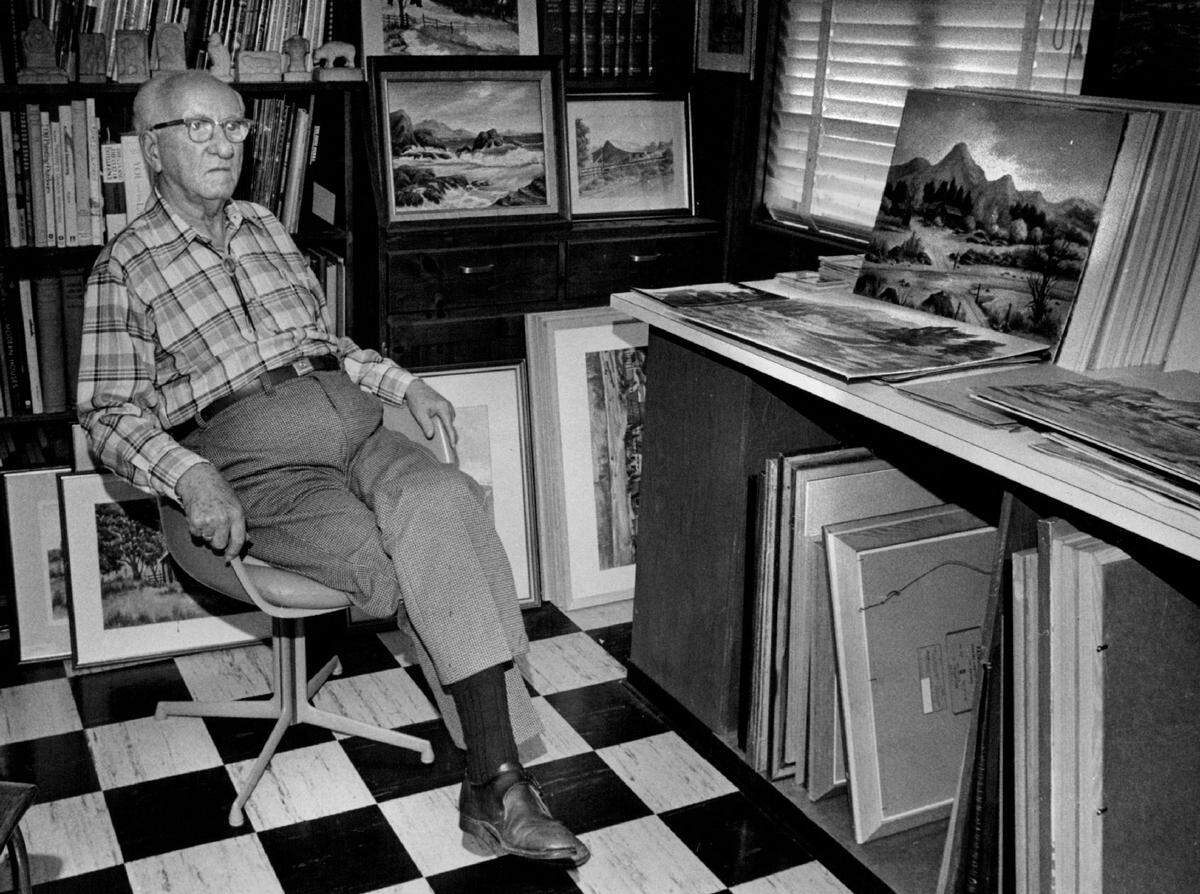 Architect and artist Leonard F. Starks, 88, sits in 1978 among his paintings in the studio at his duplex – which he designed 40 years before – on Riverside Boulevard in Sacramento. The noted architect’s credits in the city include C.K. McClatchy High School, the Elks Tower and the Fox-Senator Theatre. Early in his career, he helped design the buildings of the 1915 Panama–Pacific International Exposition in San Francisco.
