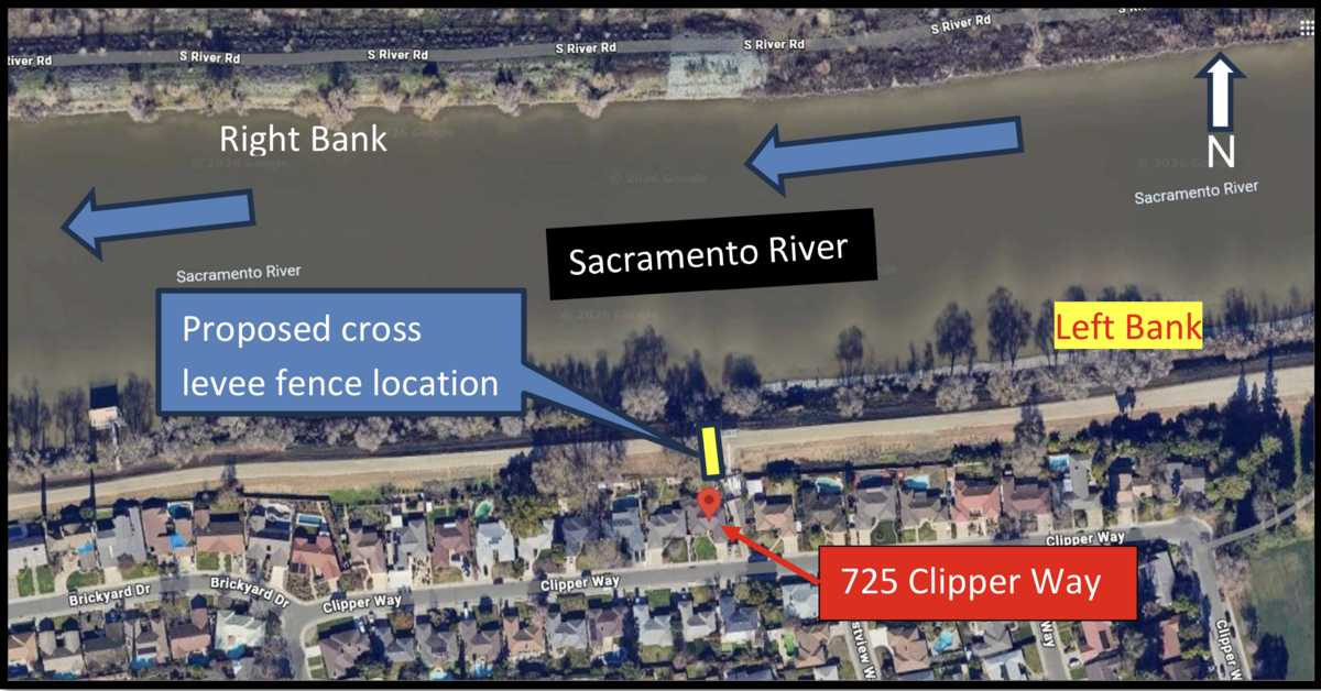 The location of a new cross-levee fence on Clipper Way in Sacramento’s Pocket neighborhood that was approved by the Central Valley Flood Protection Board on Friday.