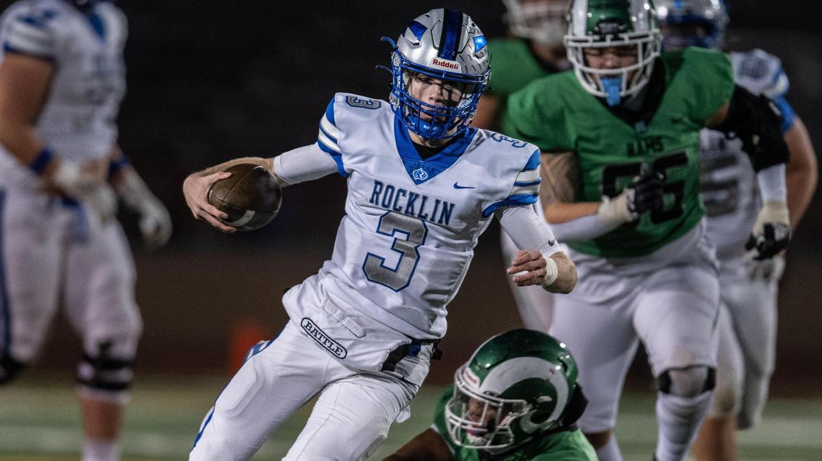 Rocklin Thunder quarterback Reeve Slone (3) eludes the final St. Mary’s Rams defender on his way to a touchdown in the second half of the CIF Sac-Joaquin Section Division II football championship game Nov. 25, 2023, at Hughes Stadium. Slone will lead Rocklin in the 2025 season opener against Turlock.