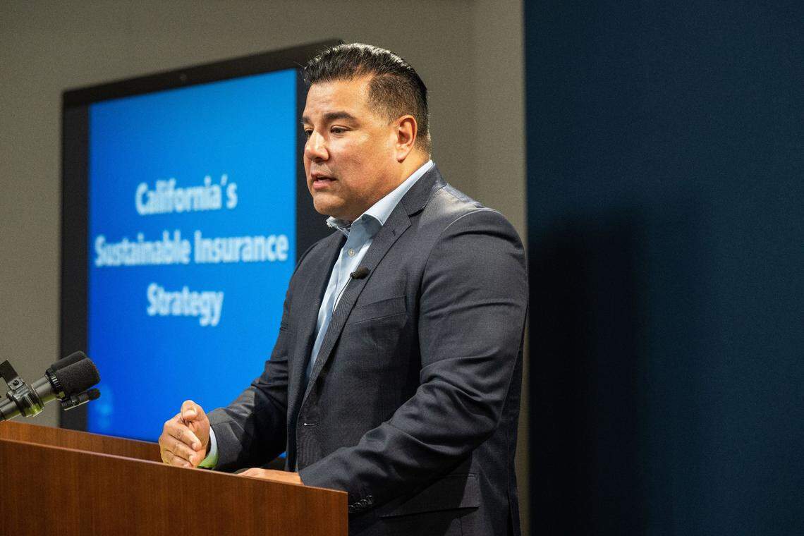 California Insurance Commissioner Ricardo Lara announces actions aimed at improving insurance choices and addressing the long-term sustainability of the state insurance market during a press conference at the state Capitol on Thursday.