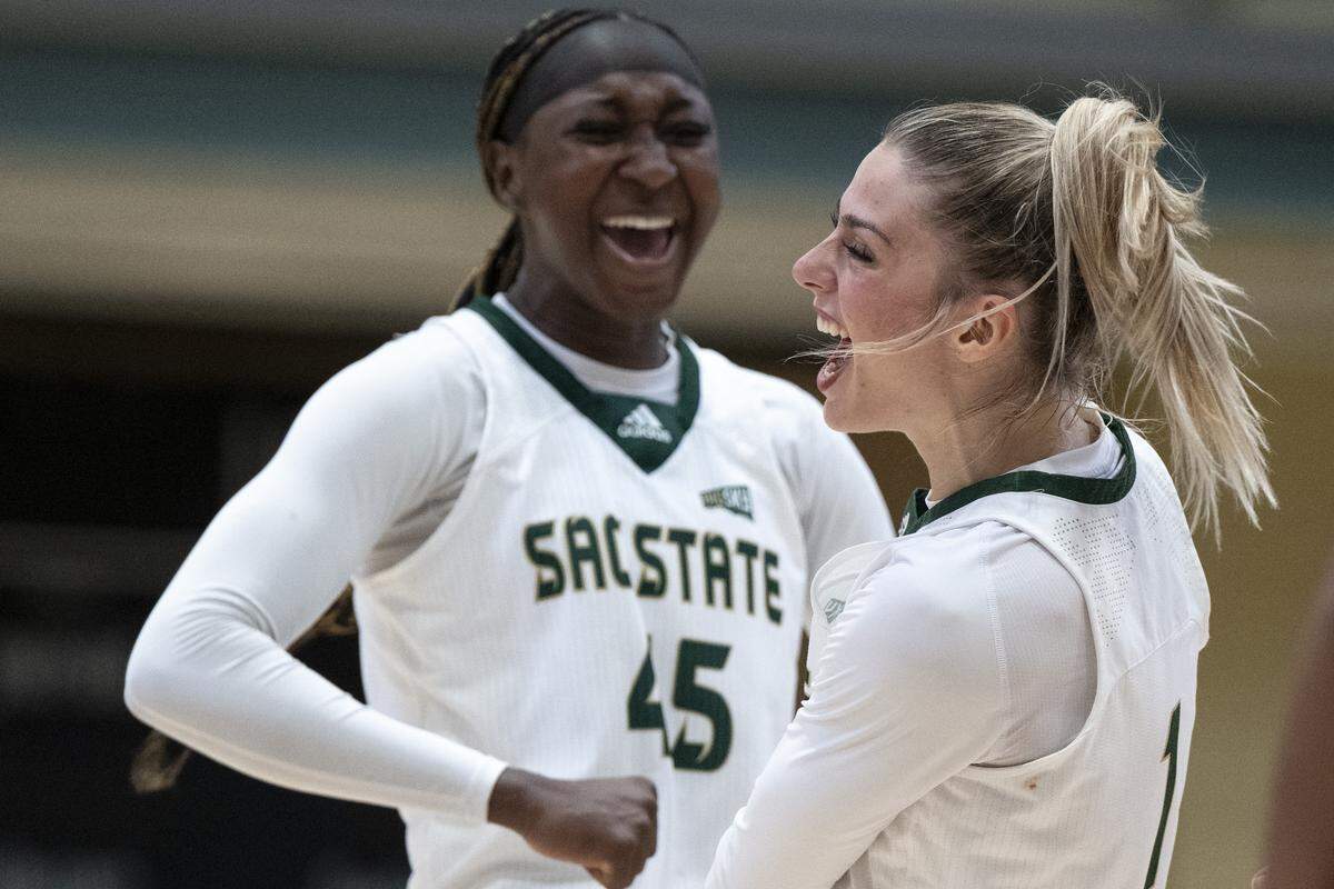 Sacramento State guard Benthe Versteeg (1) and Sacramento State forward Fatoumata Jaiteh (45) react after a play during a game against Nevada at Hornet Pavilion in Sacramento on Thursday, Nov. 6, 2025.