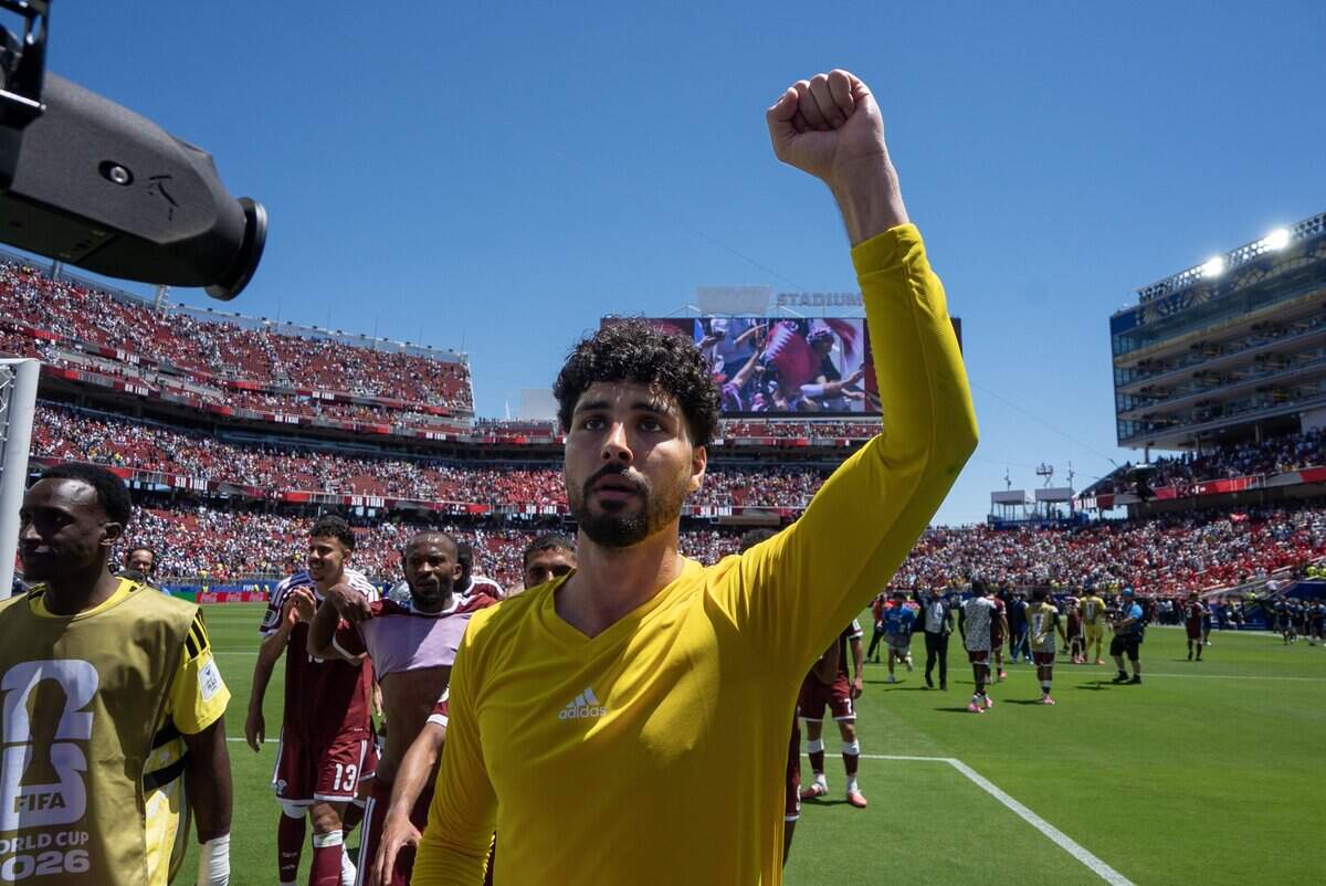 Qatar goalkeeper Mahmud Abunada (1) was the player of the game in the 1-1 tie against Switzerland in the group stage of the 2026 World Cup on Saturday, June 13, 2026, in Santa Clara.