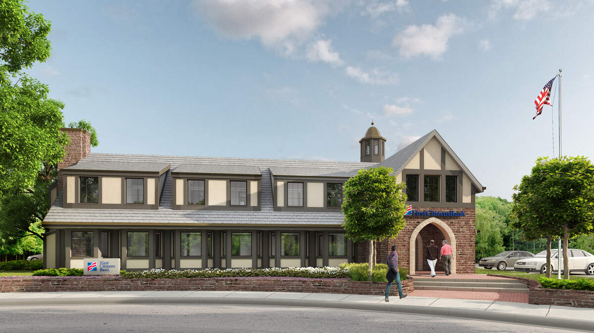 A rendering of what the new First Citizens Bank is expected to look like - the design is meant to echo the Tudorian architecture of the area.