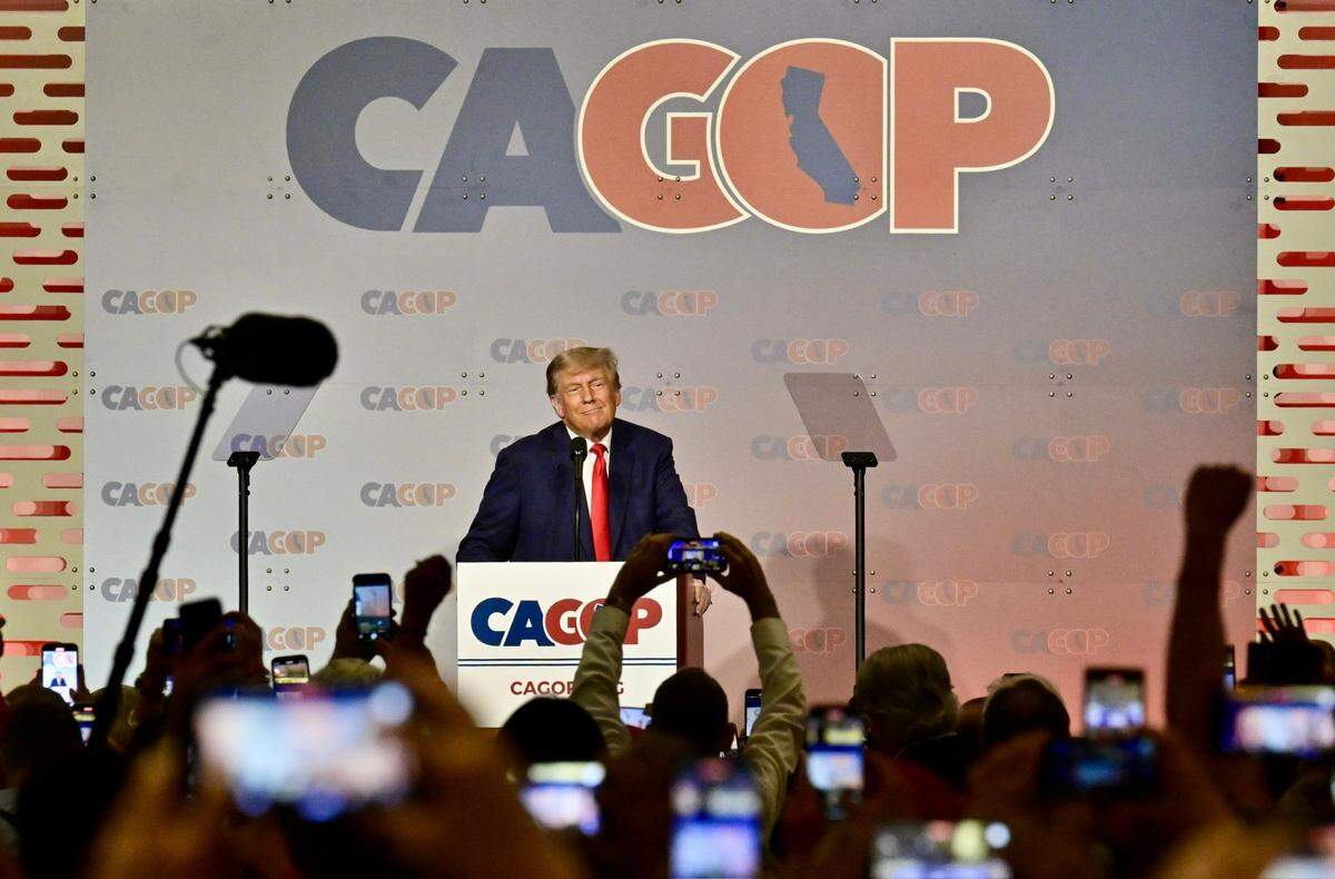 Former President Donald Trump speaks to supporters during a luncheon at the California GOP Convention in Anaheim on Friday, Sept. 29, 2023.