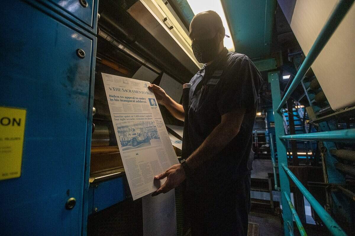 The Sacramento Bee is printed for the final time at 2100 Q Street in Sacramento on Jan. 17, 2021.