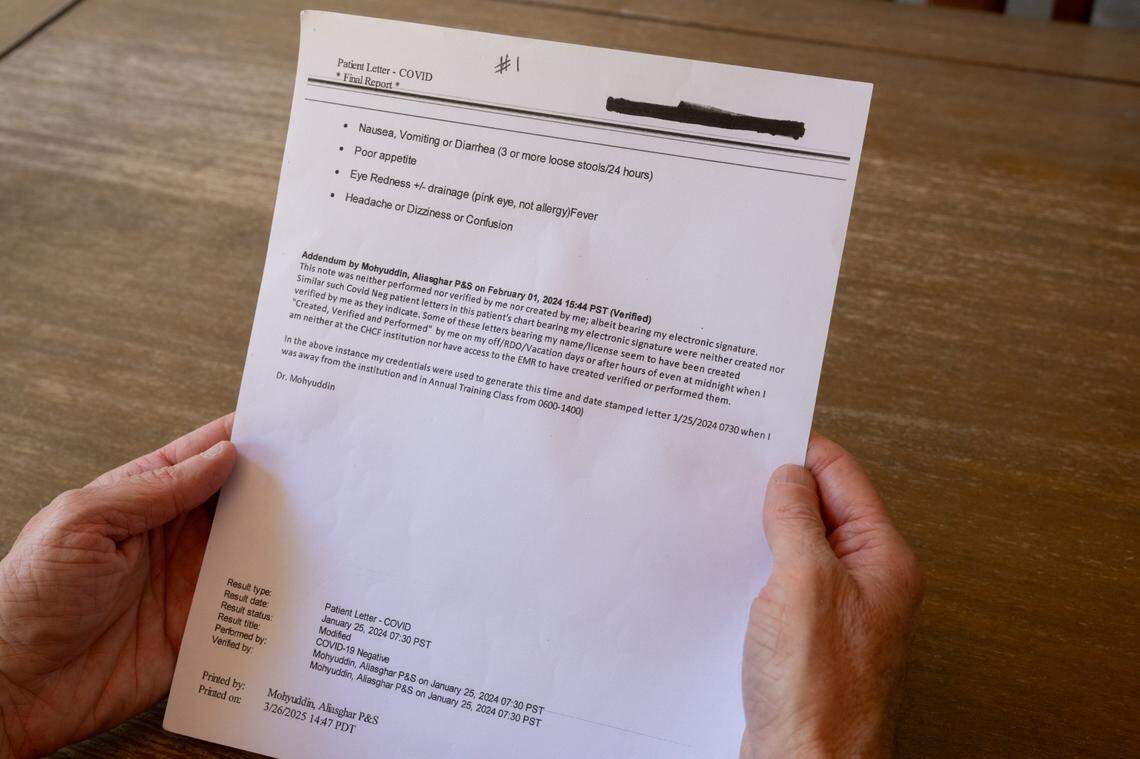 Dr. Aliasghar Mohyuddin last month holds a medical record, of a patient whose name he redacted, that says Mohyuddin performed and verified a test result.. But the state prison doctor says he did not do so and that his information was used to sign off on the document without him knowing. 