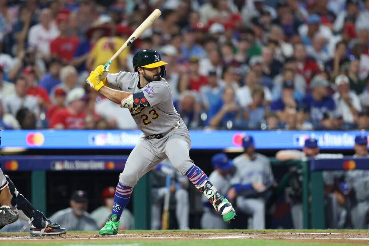 PHILADELPHIA, PENNSYLVANIA - JULY 14: Shea Langeliers #23 of the Athletics is walked during the first inning of the 2026 MLB All-Star Game at Citizens Bank Park on July 14, 2026 in Philadelphia, Pennsylvania. (Photo by Al Bello/Getty Images)