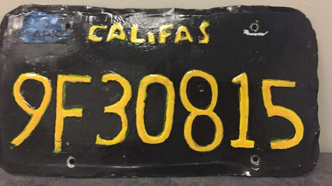 A bogus California license plate that read “Califas” landed a big-rig driver in jail on suspicion of driving under the influence and other charges in Moorpark near Los Angeles, sheriff’s officials say.