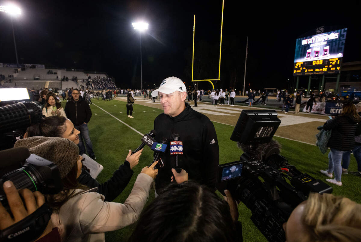 Then-Sacramento State head coach Troy Taylor interviews after the Hornets’ win over the UC Davis Aggies for the Causeway Classic in 2022 at Hornet Stadium.