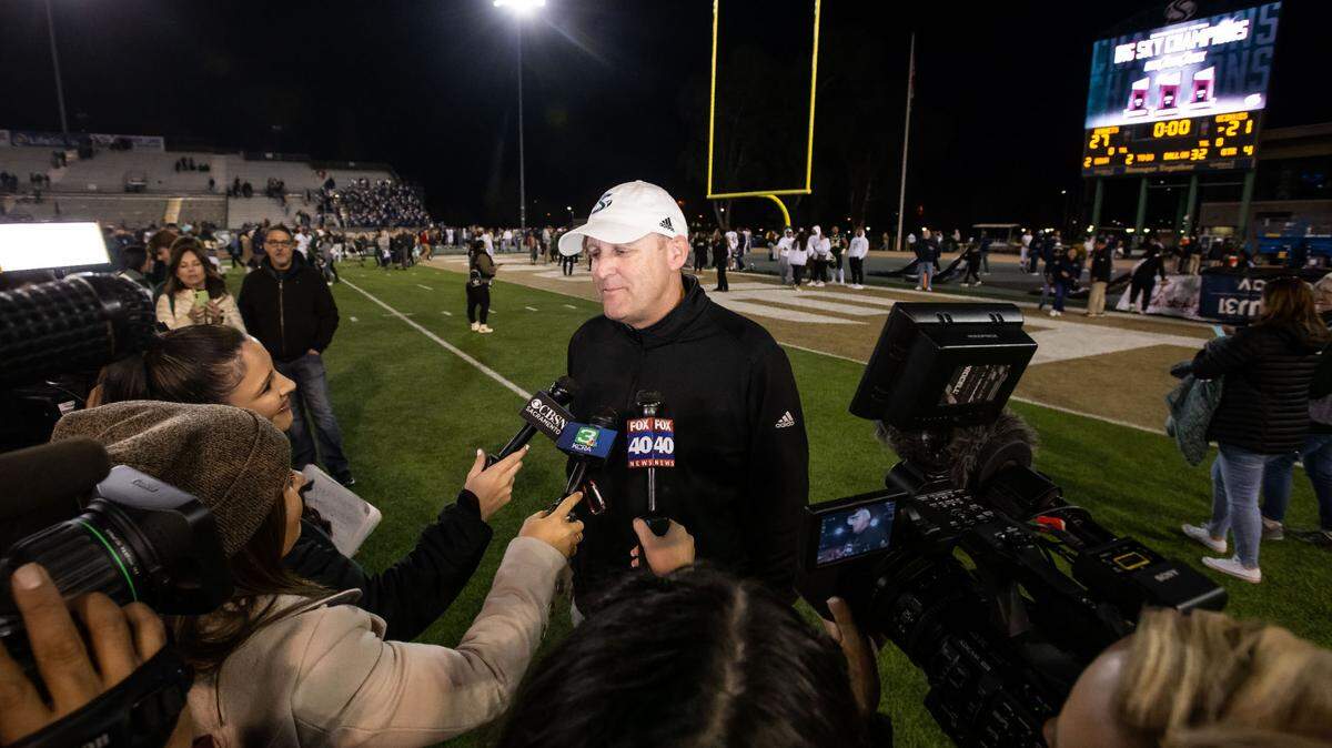 Sacramento State Hornets head coach Troy Taylor interviews after the Hornets’ win over the UC Davis Aggies for the Causeway Classic NCAA college football game Saturday, Nov. 19, 2022, at Hornet Stadium in Sacramento.