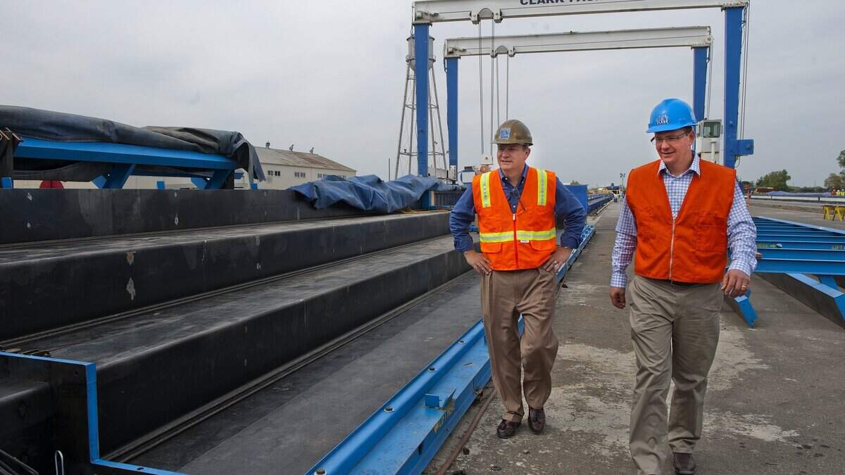 Clark Pacific co-CEOs Robert Clark, left, and Donald Clark examine one of the forms that will shape concrete for the 49ers stadium seating on April 09, 2012 in Woodland, California. The company plans to double its Woodland staffing to meet heightened demand.